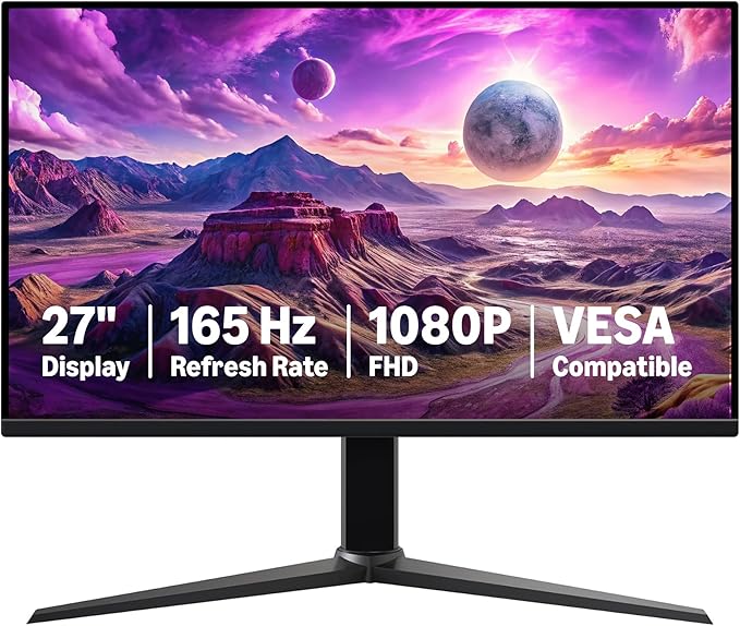 27 inch Gaming Monitor, FHD 1080P, 165Hz Refresh Rate, 1ms Response Time, Adaptive Sync, VESA Compatible, Black